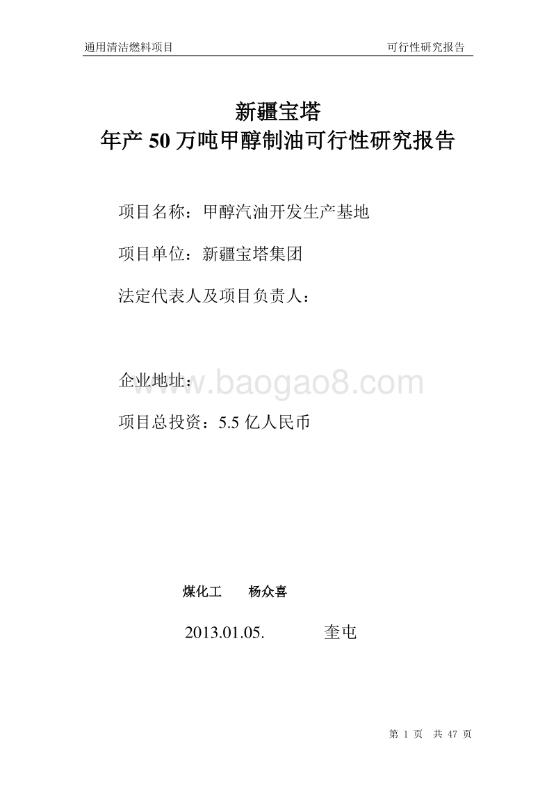 年产50万吨甲甲醇汽油可行性研究报告.doc_第1页