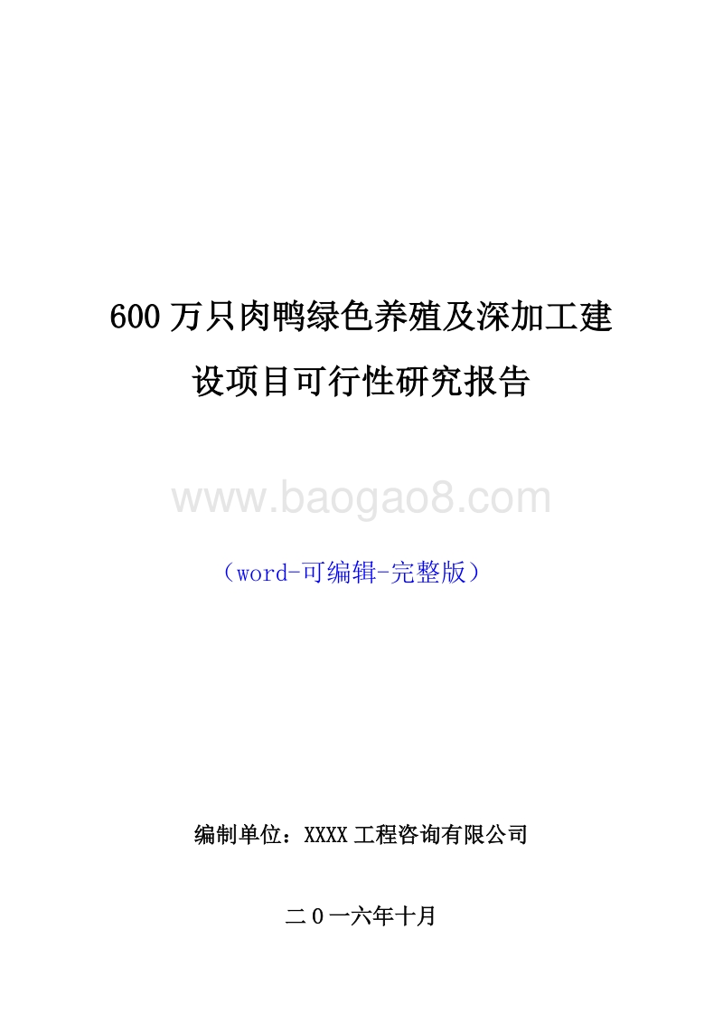 600万只肉鸭绿色养殖及深加工建设项目可行性研究报告.doc_第1页
