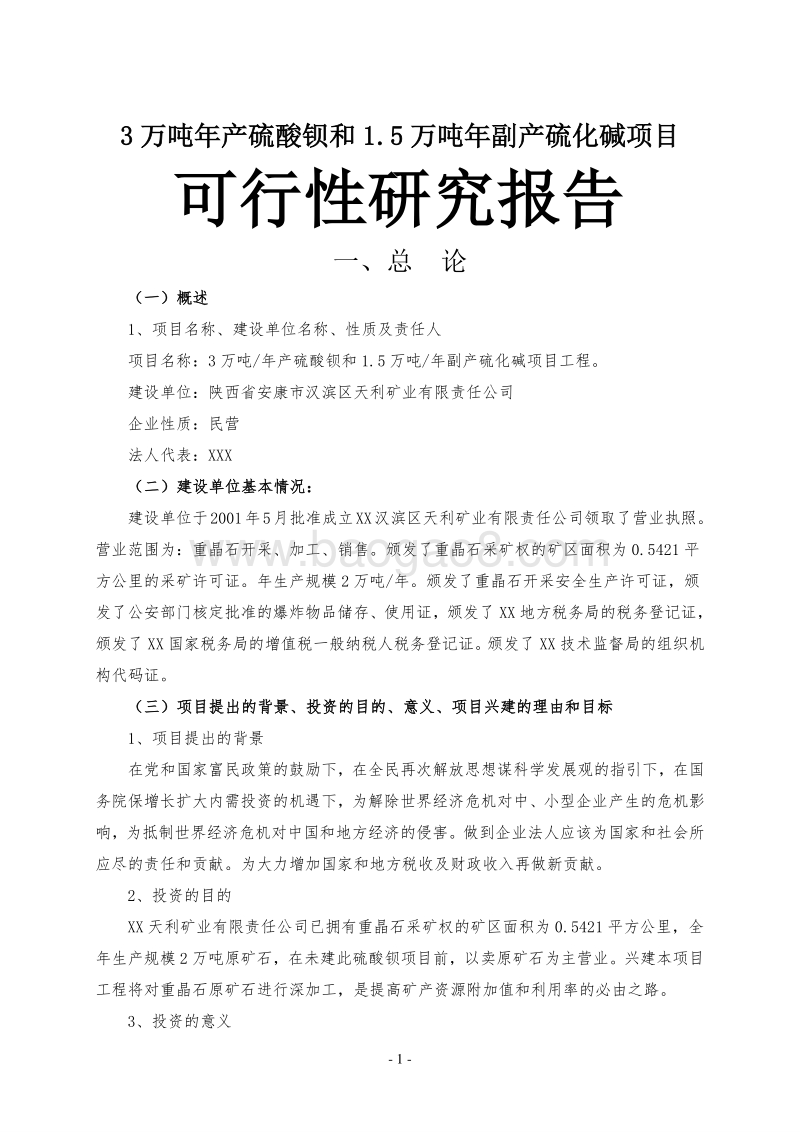 3万吨年产硫酸钡和1.5万吨年副产硫化碱项目可行性研究报告.doc_第1页
