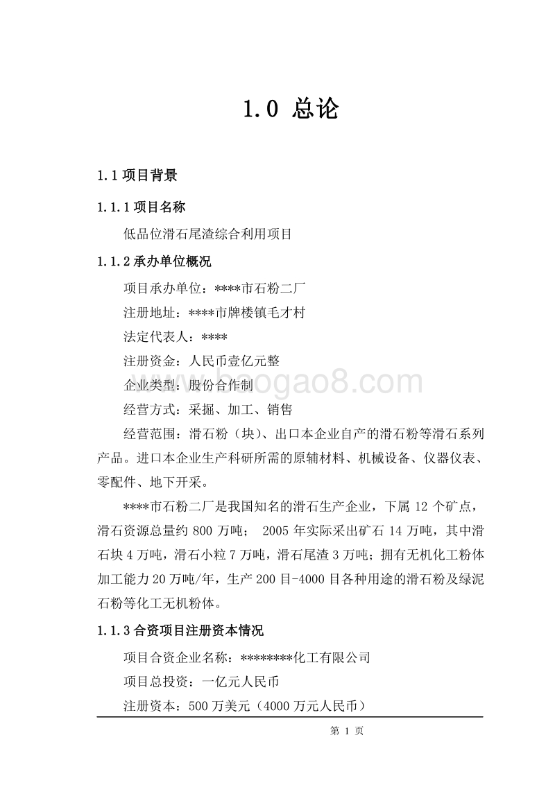低品位滑石尾渣资源化综合利用项目可行性研究报告.doc_第1页