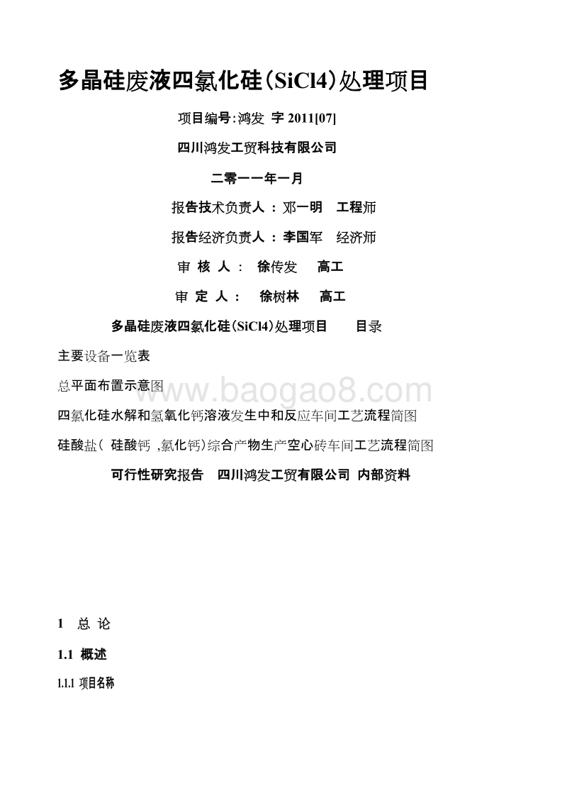 多晶硅废液四氯化硅（SiCl4）处理项目可行性研究报告.doc_第1页