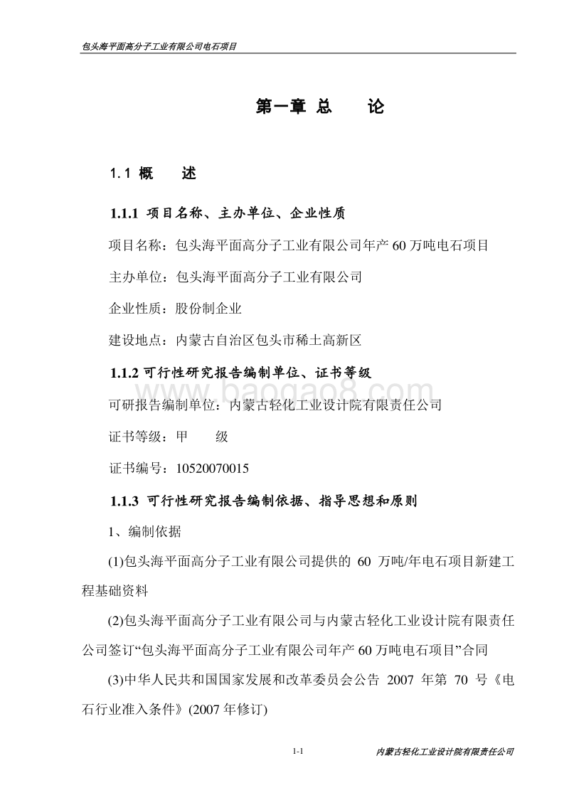 精品包头海平面高分子工业有限公司年产60万吨电石项目可行性研究报告.doc_第1页