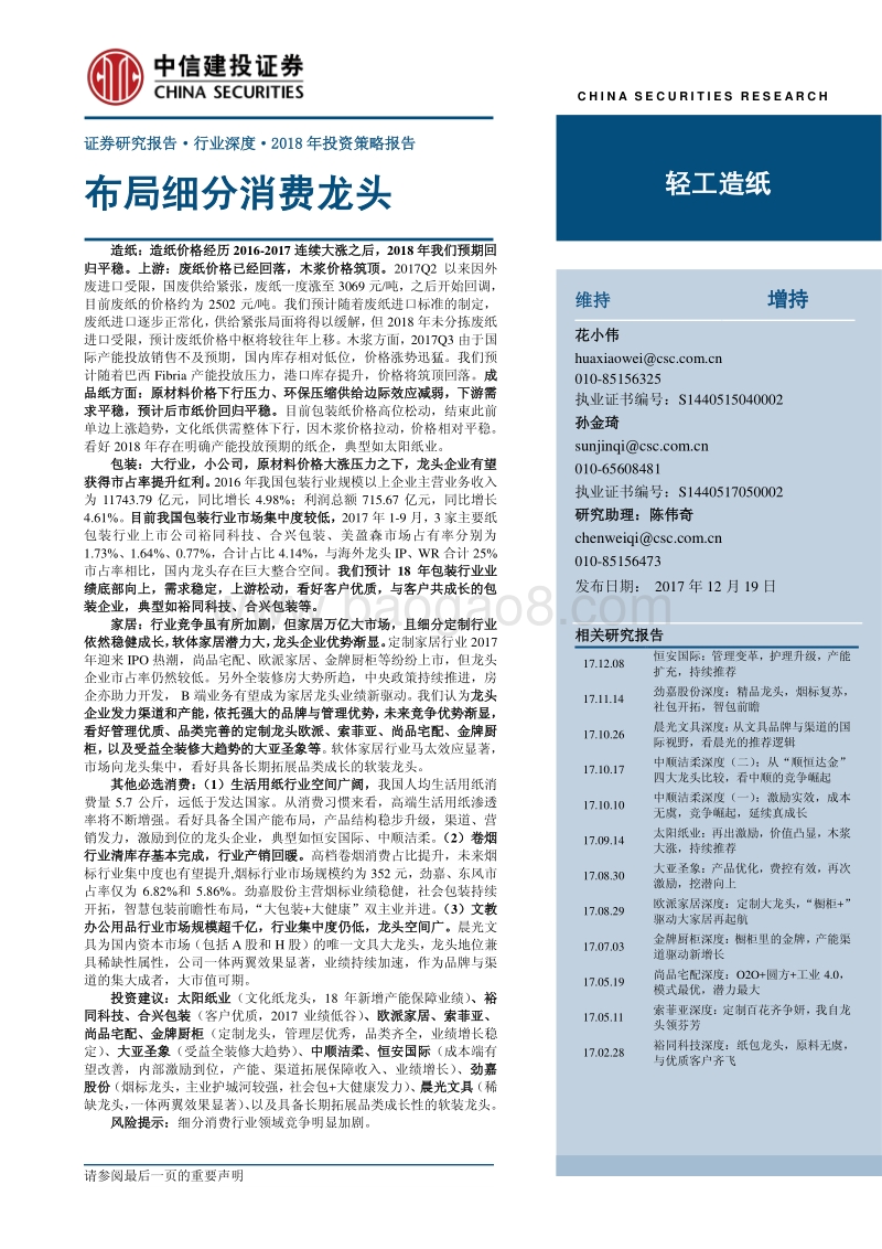 中信建投2018年投资策略报告之轻工制造篇：布局细分消费龙头.pdf_第1页
