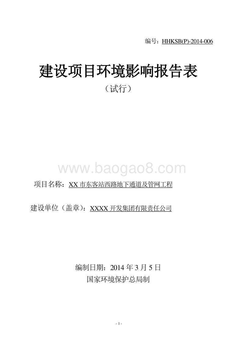 XX地下通道及管网工程建设项目环境影响报告表.DOC_第1页