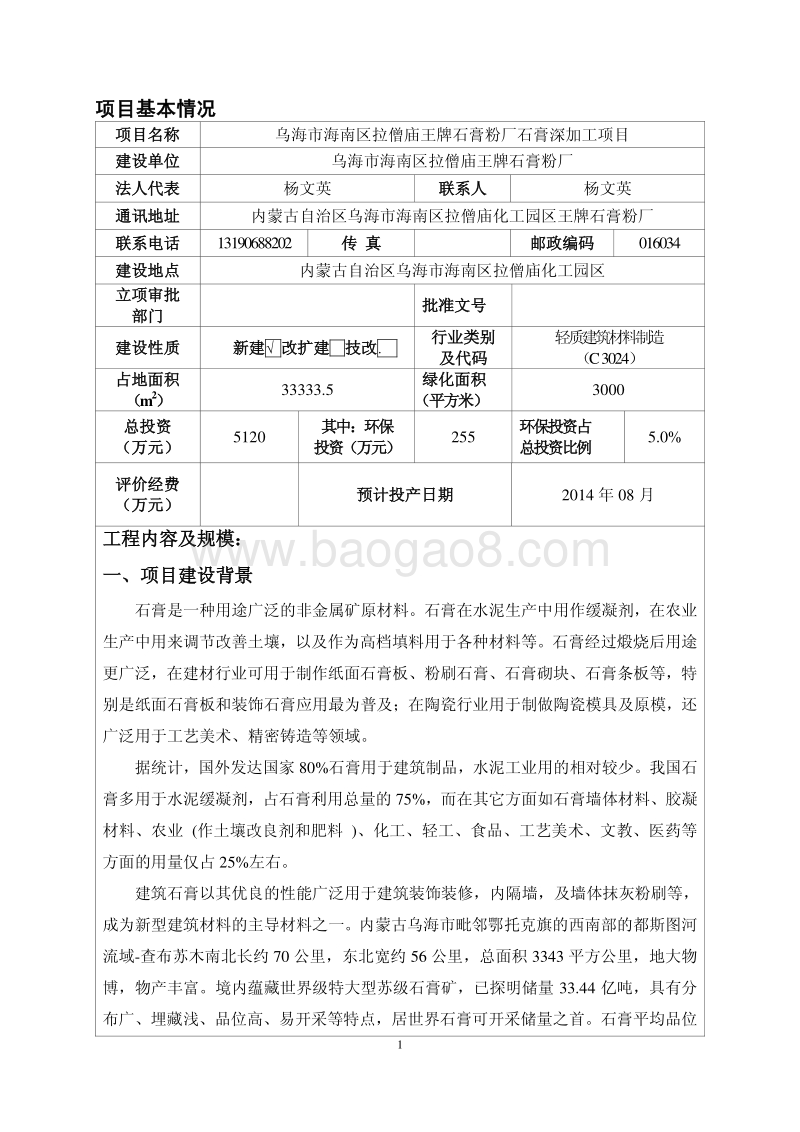 XX石膏粉厂石膏深加工项目环境影响报告表.pdf_第1页
