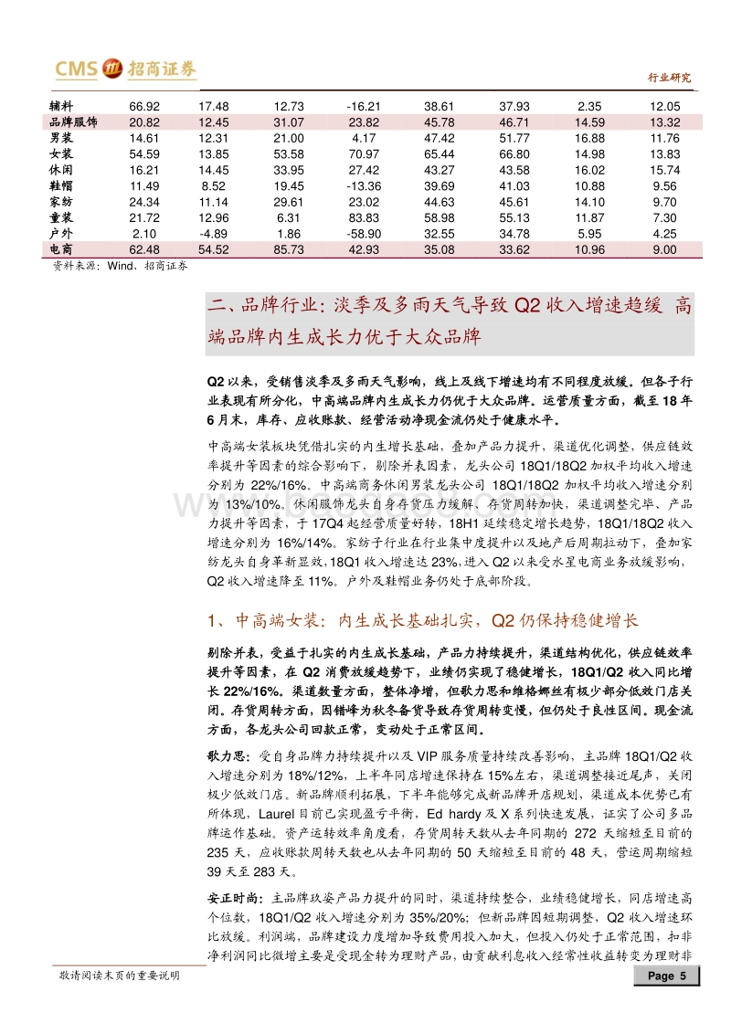 纺织服装行业2018年中报综述：Q2品牌淡季增速放缓制造龙头短期表现或优于品牌.pdf_第5页
