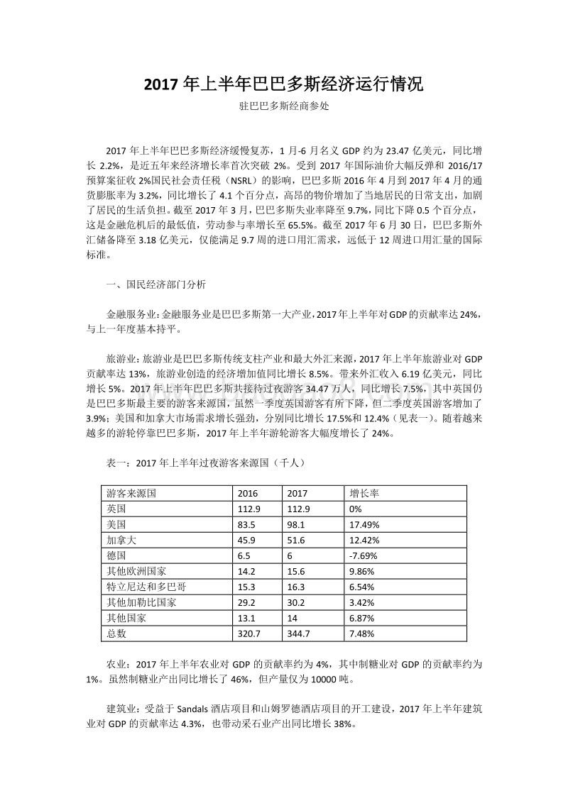 2017年上半年巴巴多斯经济运行情况.pdf_第1页