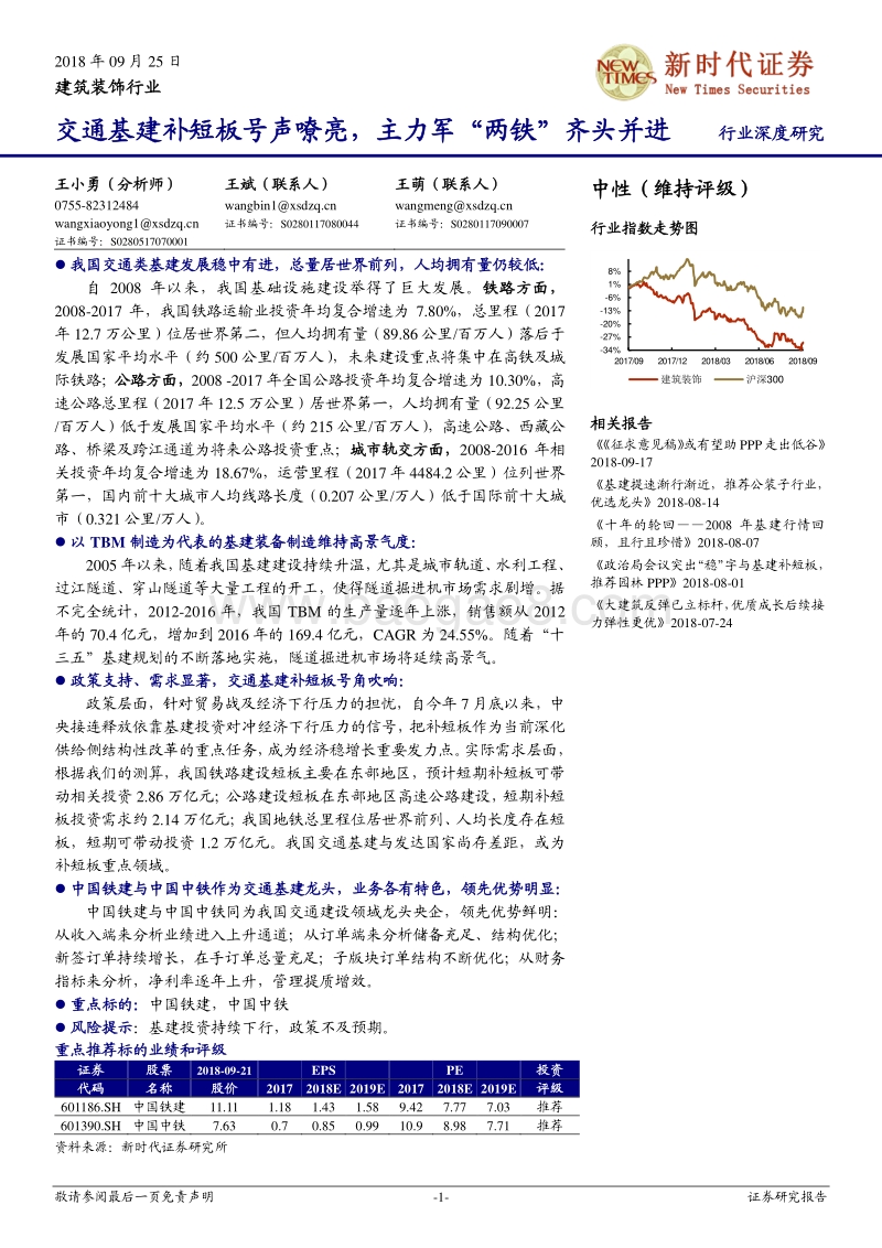建筑装饰：交通基建补短板号声嘹亮，主力军“两铁”齐头并进.pdf_第1页