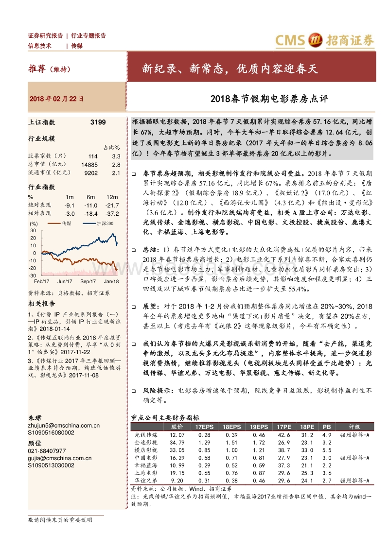 2018春节假期电影票房点评：新纪录、新常态，优质内容迎春天.pdf_第1页