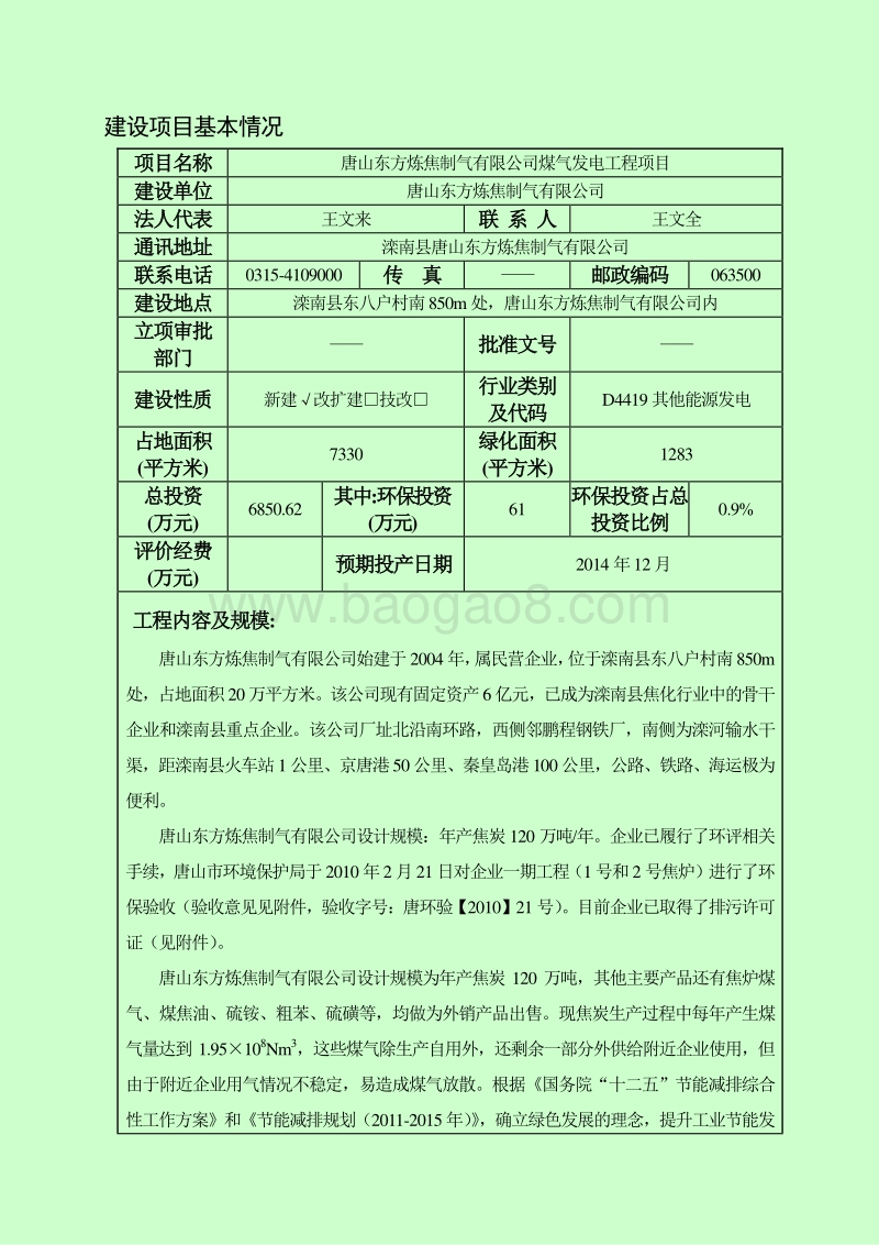 XX东方炼焦制气有限公司煤气发电工程项目环境影响评价报告表全本.doc_第3页