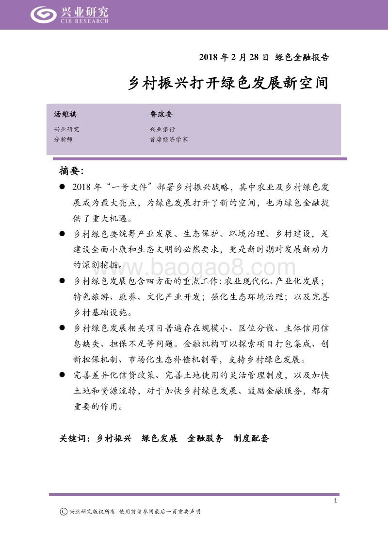 绿色金融报告：乡村振兴打开绿色发展新空间.pdf_第1页