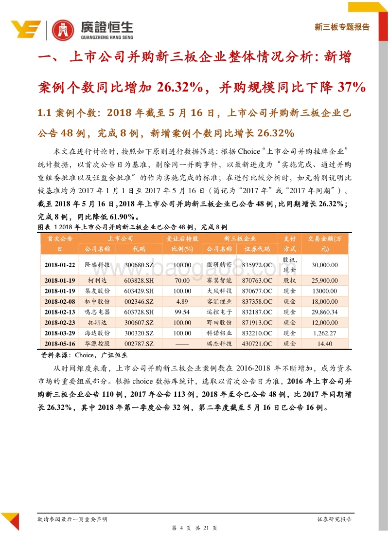 新三板专题报告：2018年至今已有48例上市公司并购新三板企业公告，其中30例受让股权比例大于50%.pdf_第4页