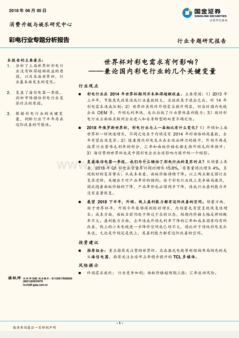 彩电行业专题分析报告：兼论国内彩电行业的几个关键变量：世界杯对彩电需求有何影响？.pdf_第1页