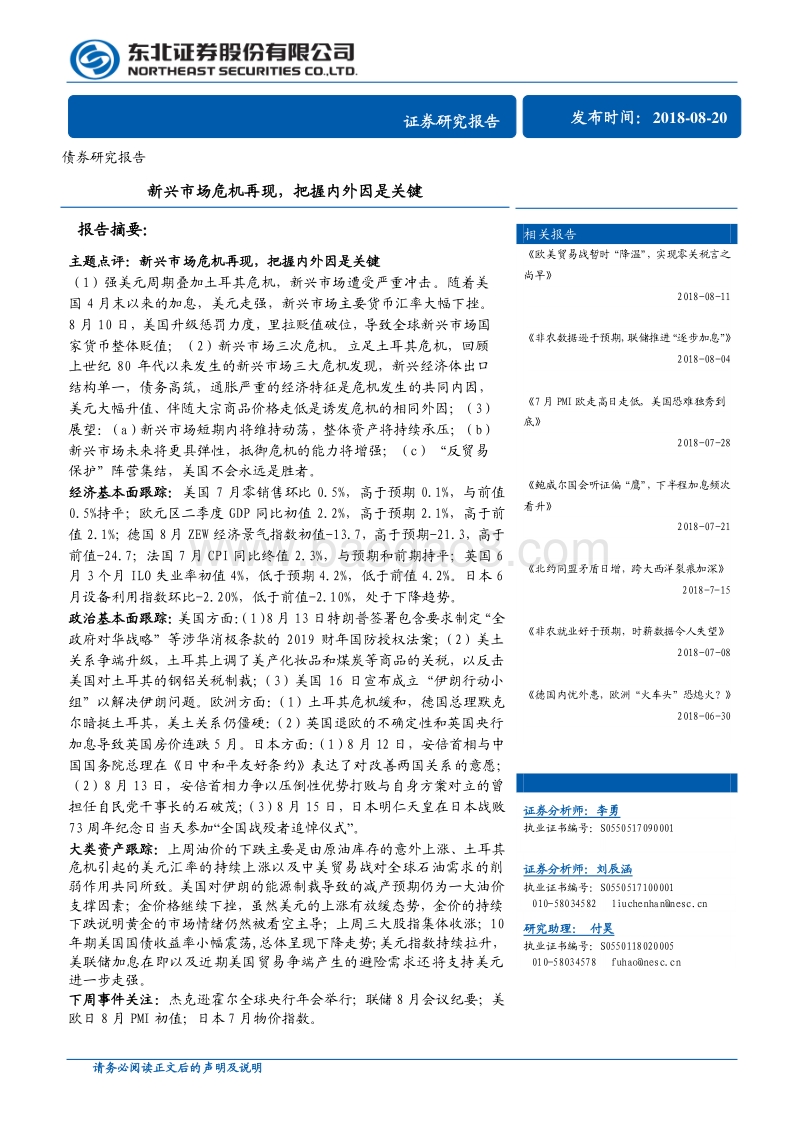 债券研究报告：新兴市场危机再现，把握内外因是关键.pdf_第1页