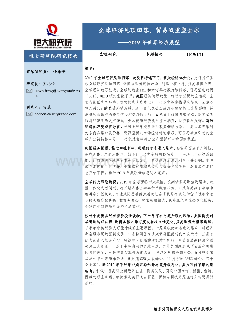 2019年世界经济展望：全球经济见顶回落，贸易战重塑全球.pdf_第1页