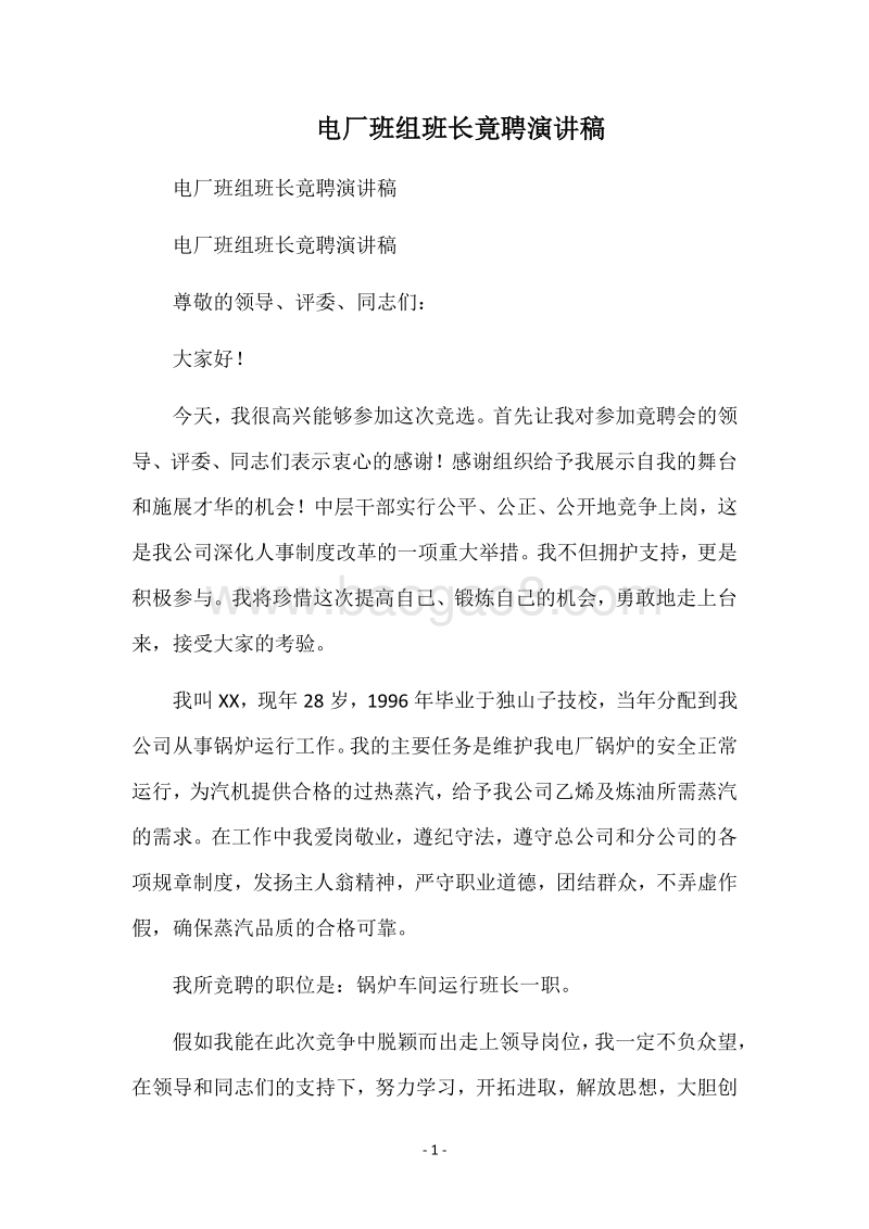 电厂班组班长竟聘演讲稿.docx_第1页
