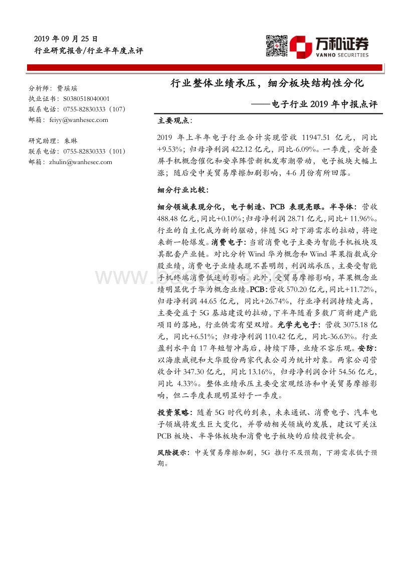 电子行业2019年中报点评：行业整体业绩承压，细分板块结构性分化.pdf_第1页