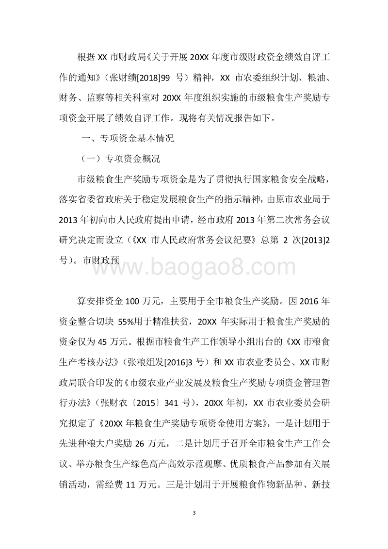 20XX年度市级粮食生产奖励专项资金绩效自评报告.docx_第3页