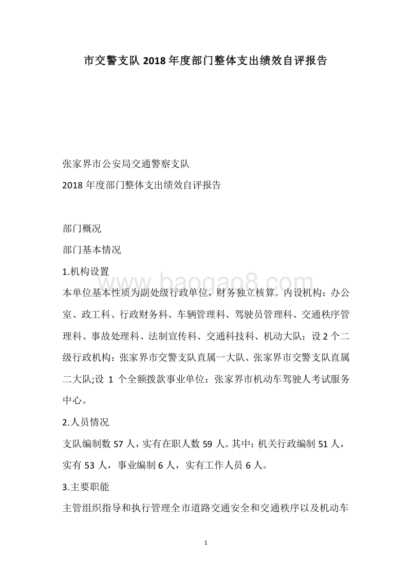 市交警支队2018年度部门整体支出绩效自评报告.docx_第1页