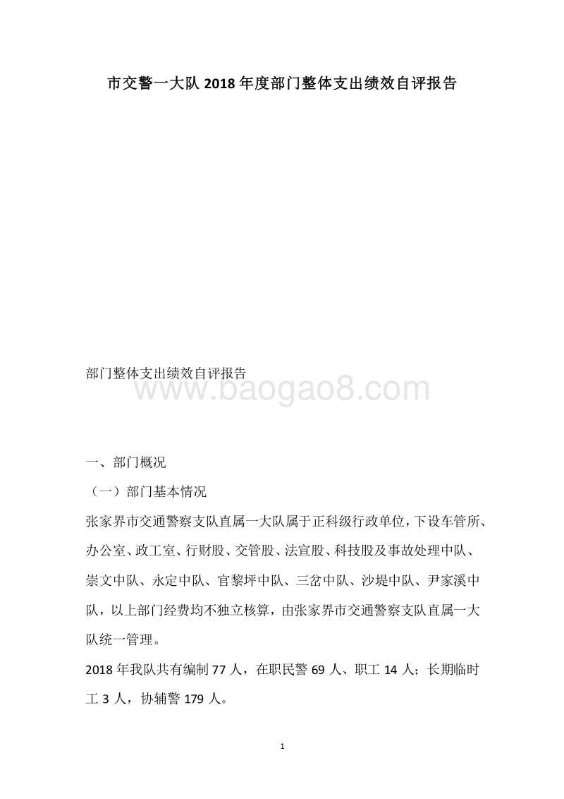 市交警一大队2018年度部门整体支出绩效自评报告.docx_第1页