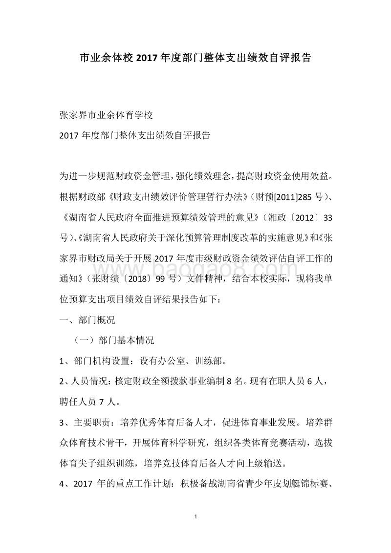 市业余体校2017年度部门整体支出绩效自评报告.docx_第1页