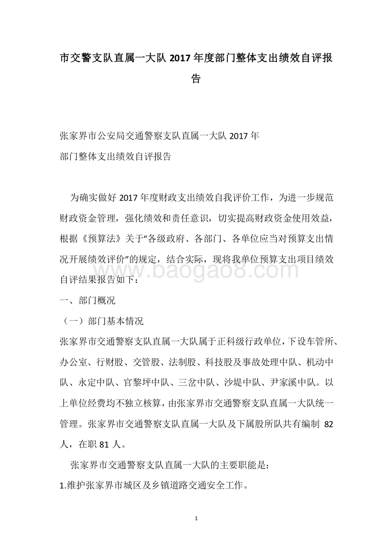 市交警支队直属一大队2017年度部门整体支出绩效自评报告.docx_第1页