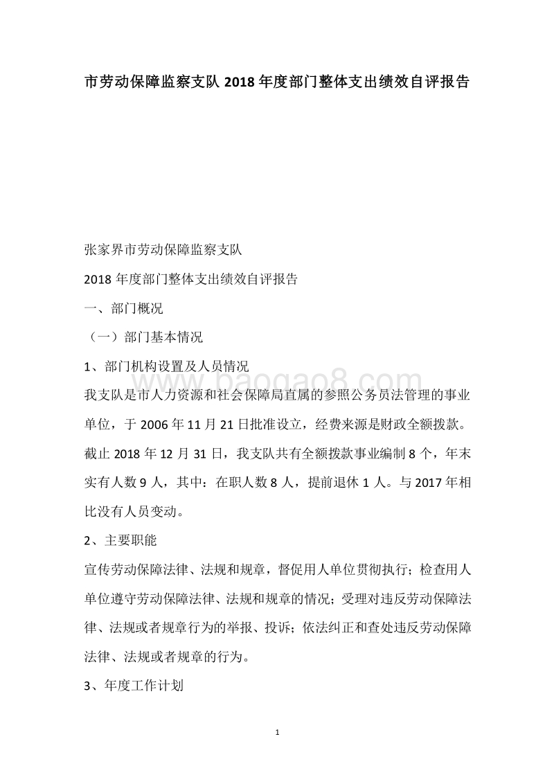 市劳动保障监察支队2018年度部门整体支出绩效自评报告.docx_第1页