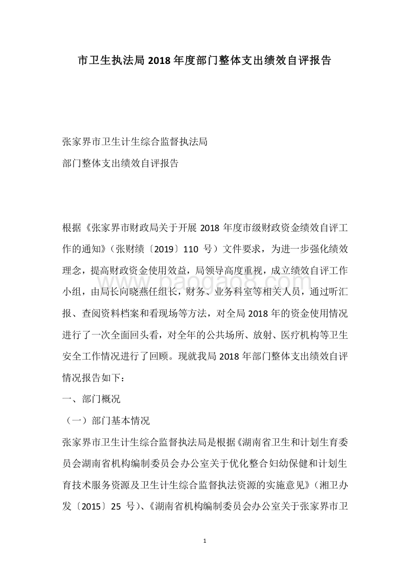 市卫生执法局2018年度部门整体支出绩效自评报告.docx_第1页