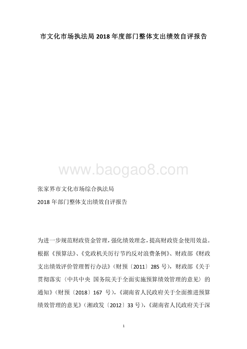 市文化市场执法局2018年度部门整体支出绩效自评报告.docx_第1页