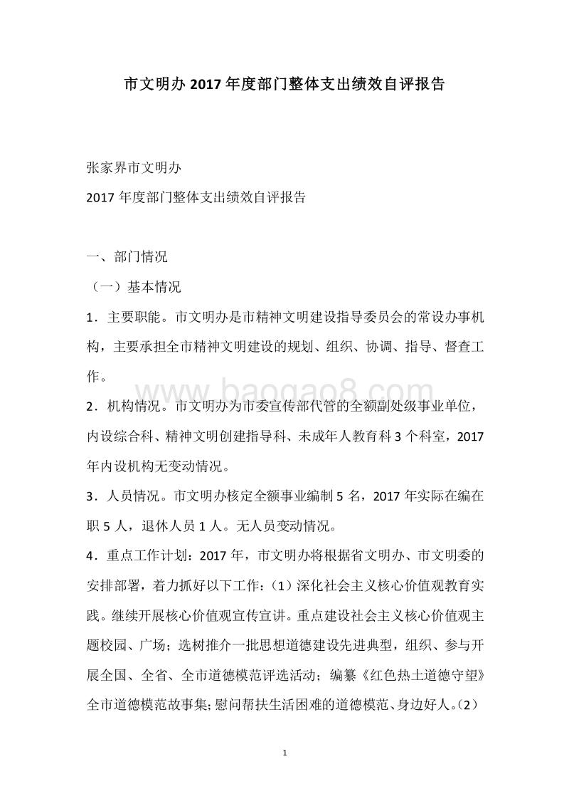 市文明办2017年度部门整体支出绩效自评报告.docx_第1页