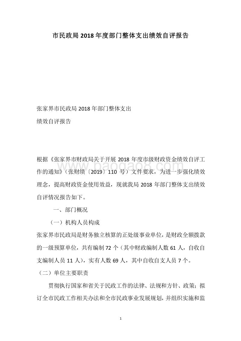 市民政局2018年度部门整体支出绩效自评报告.docx_第1页