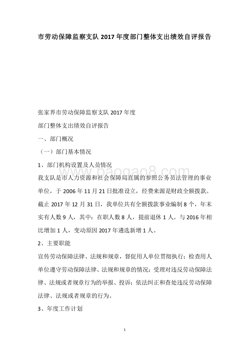 市劳动保障监察支队2017年度部门整体支出绩效自评报告.docx_第1页