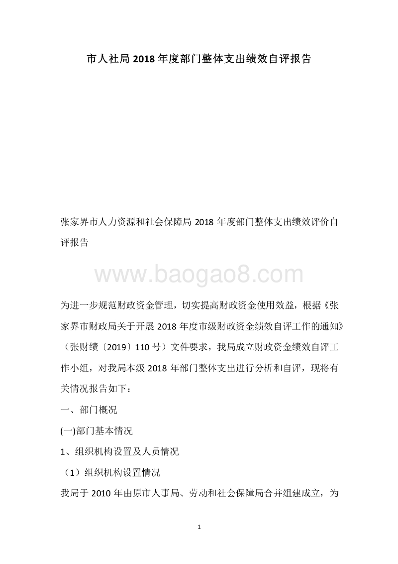 市人社局2018年度部门整体支出绩效自评报告.docx_第1页