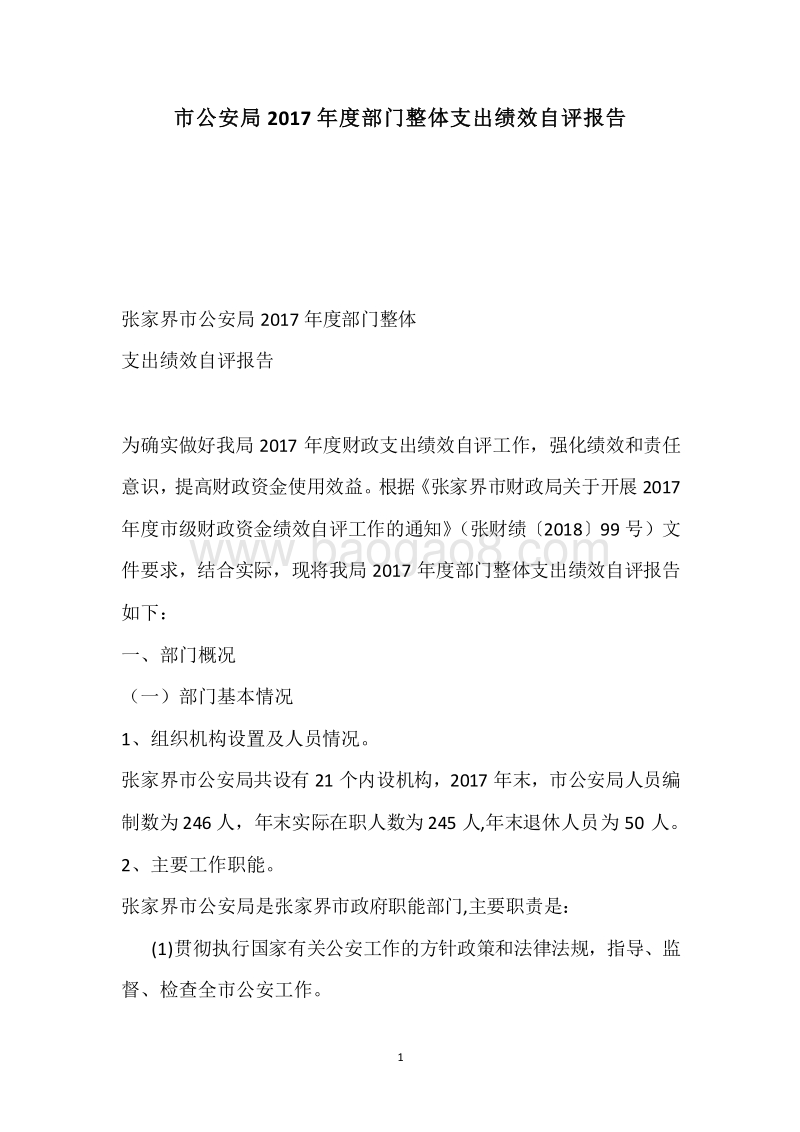 市公安局2017年度部门整体支出绩效自评报告.docx_第1页