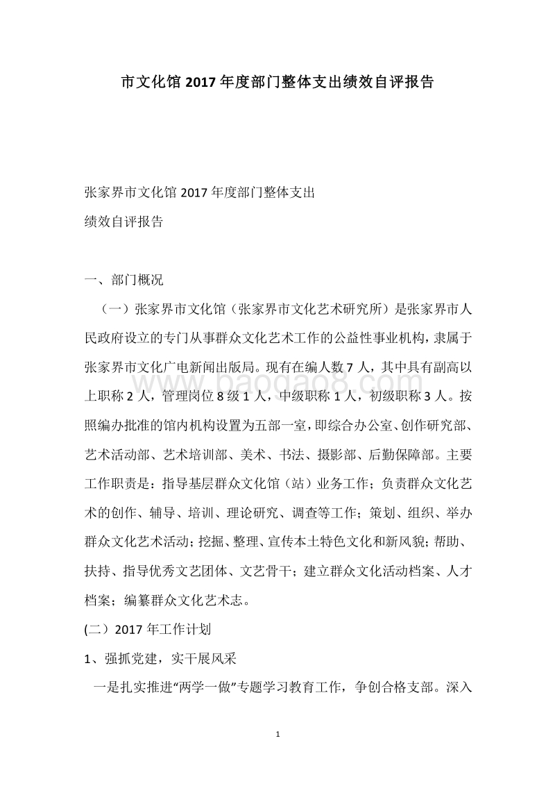 市文化馆2017年度部门整体支出绩效自评报告.docx_第1页