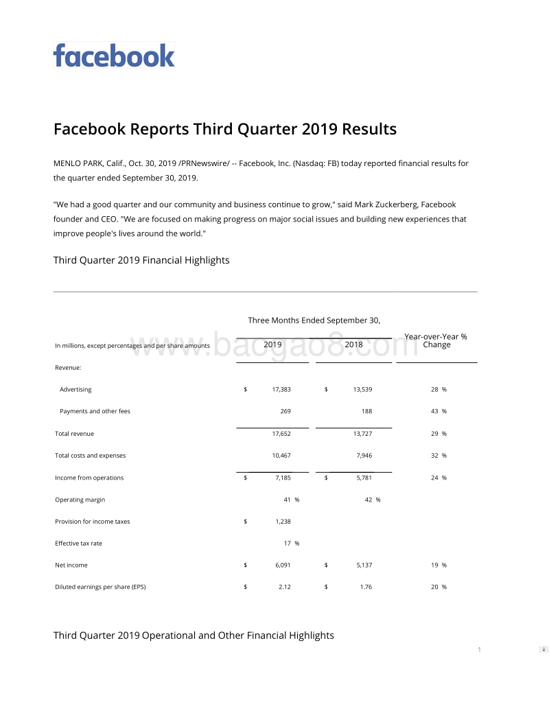 2019年第三季度Facebook财报1.pdf_第1页