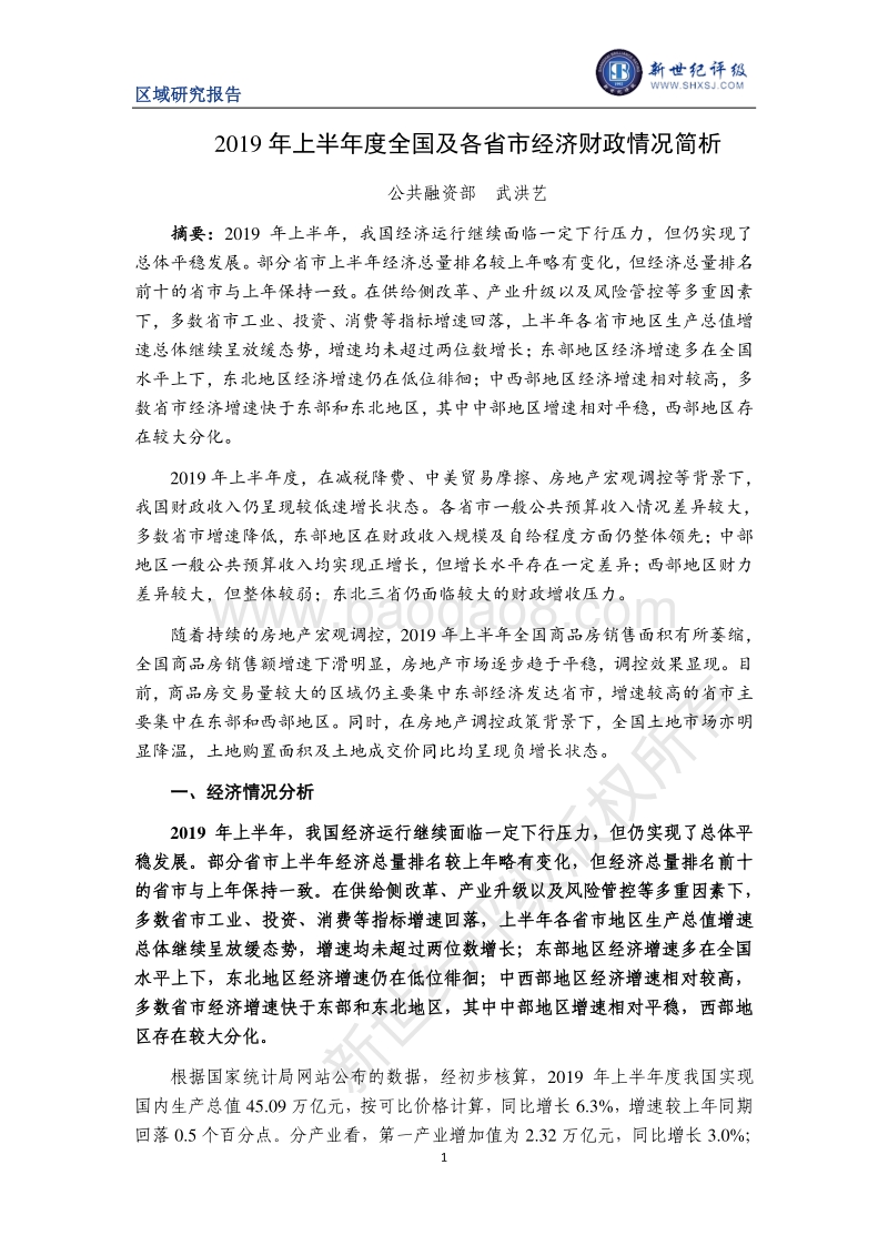 2019年上半年度全国及各省市经济财政情况简析.pdf_第1页