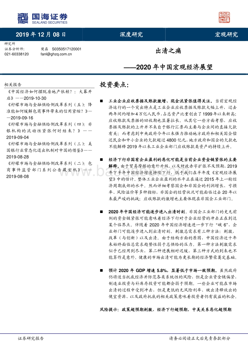 2020年中国宏观经济展望：出清之痛.pdf_第1页
