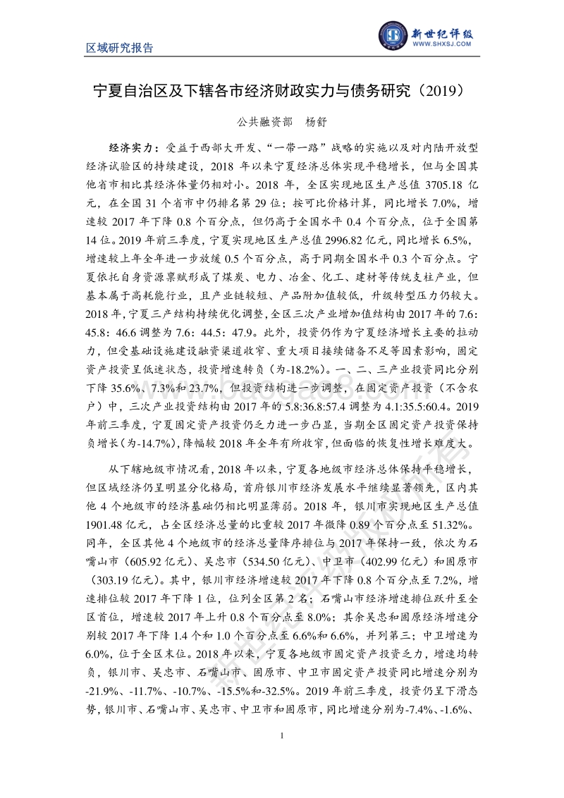 2019宁夏自治区及下辖各市经济财政实力与债务研究.pdf_第1页