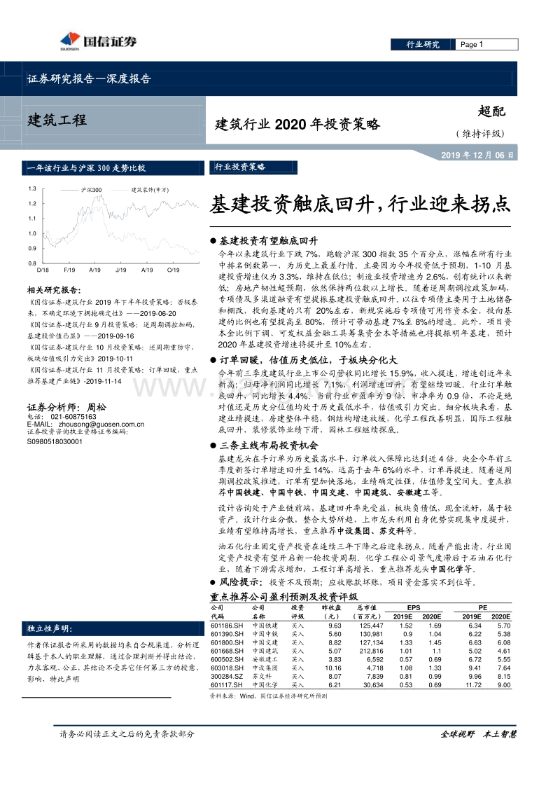 建筑行业2020年投资策略：基建投资触底回升，行业迎来拐点.pdf_第1页