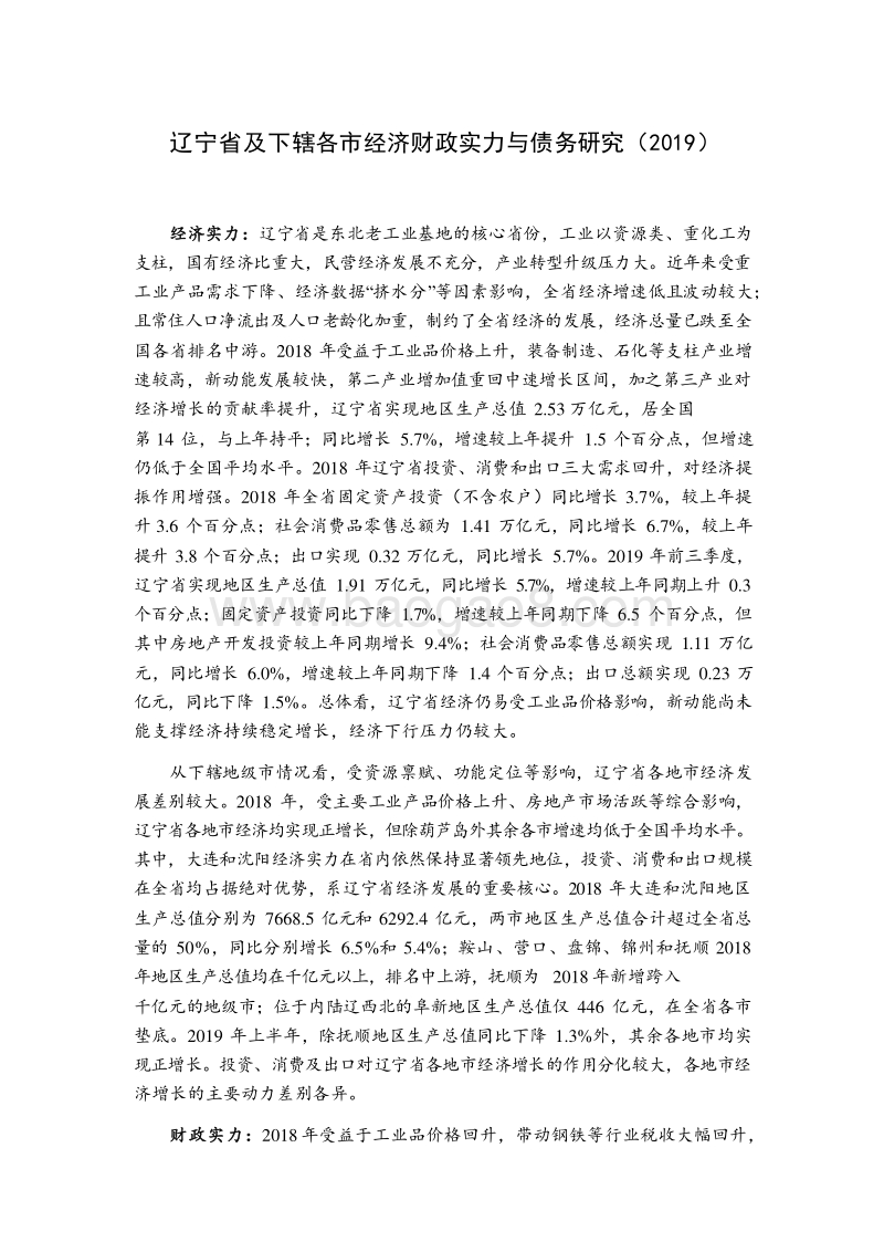 2019辽宁省及下辖各市经济财政实力与债务研究报告.docx_第1页