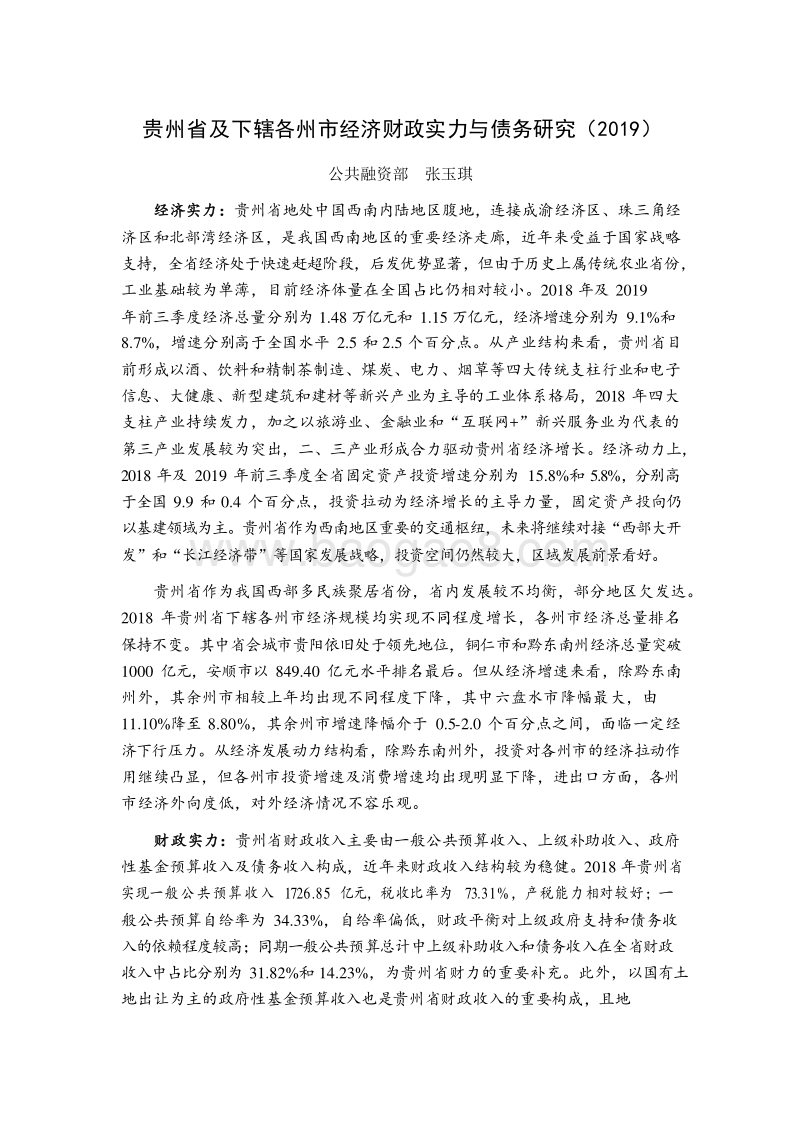 2019贵州省及下辖各州市经济财政实力与债务研究报告.docx_第1页
