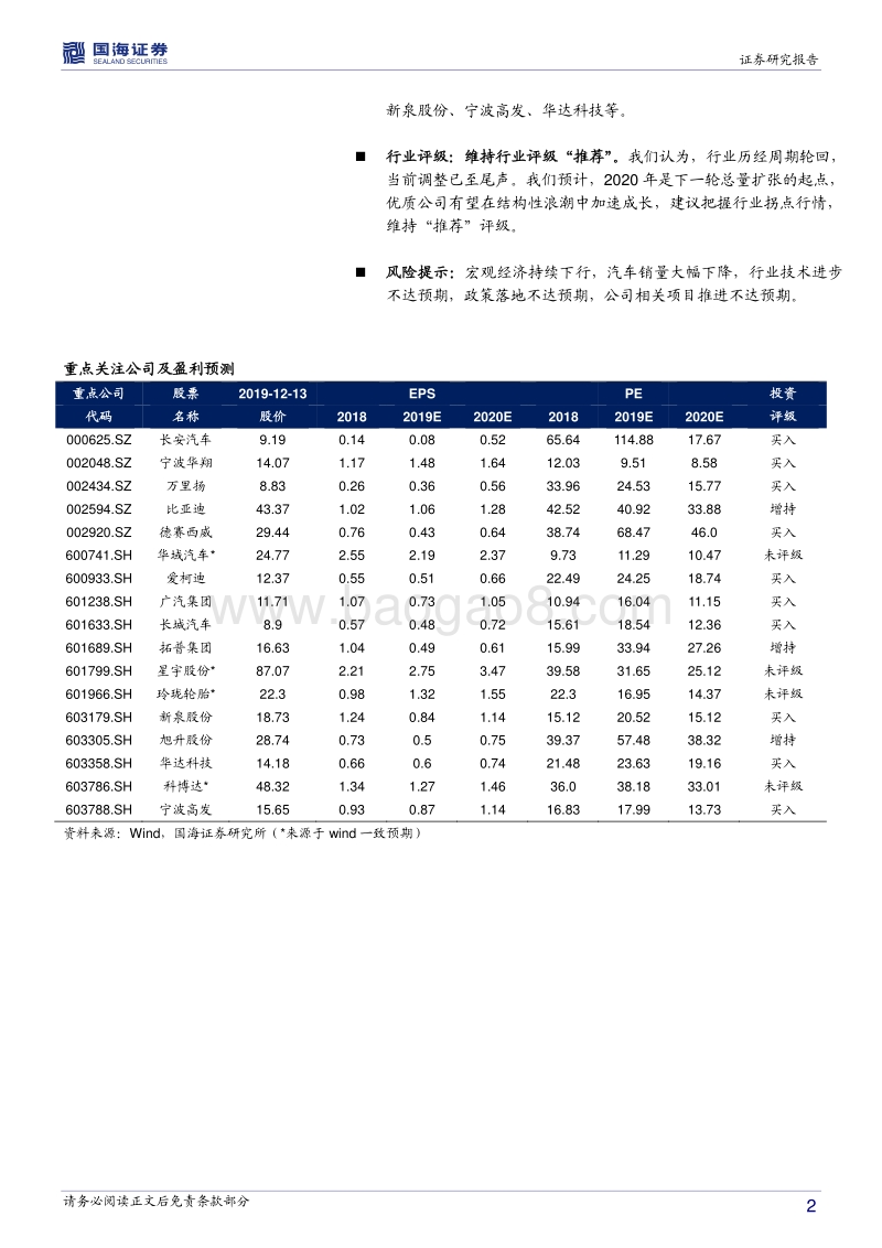 汽车行业2020年度策略：行业将进入景气周期，把握优质公司向上弹性.pdf_第2页
