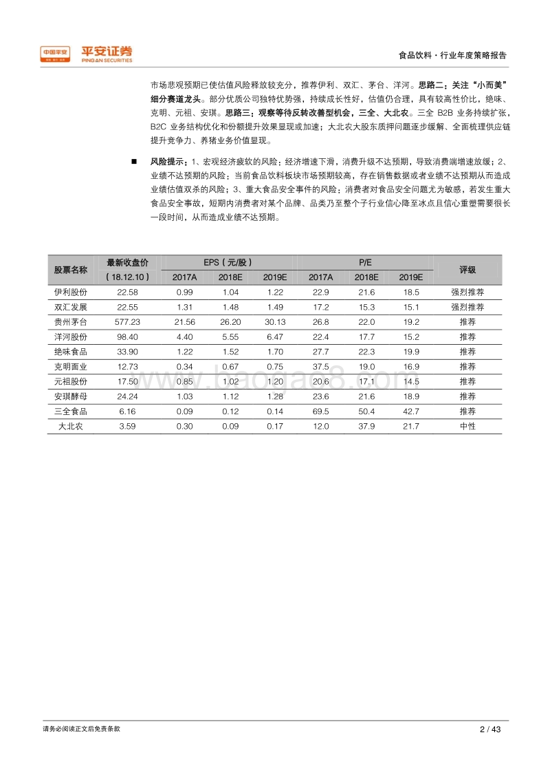 2019年食品饮料行业年度策略报告：平安证券优选绝对龙头过冬，自下而上寻超额收益.pdf_第2页