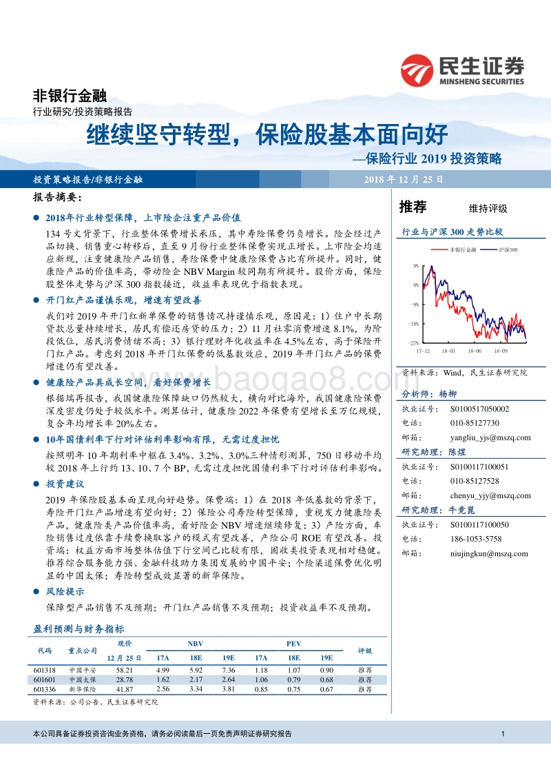 保险行业2019投资策略：继续坚守转型，保险股基本面向好.pdf_第1页