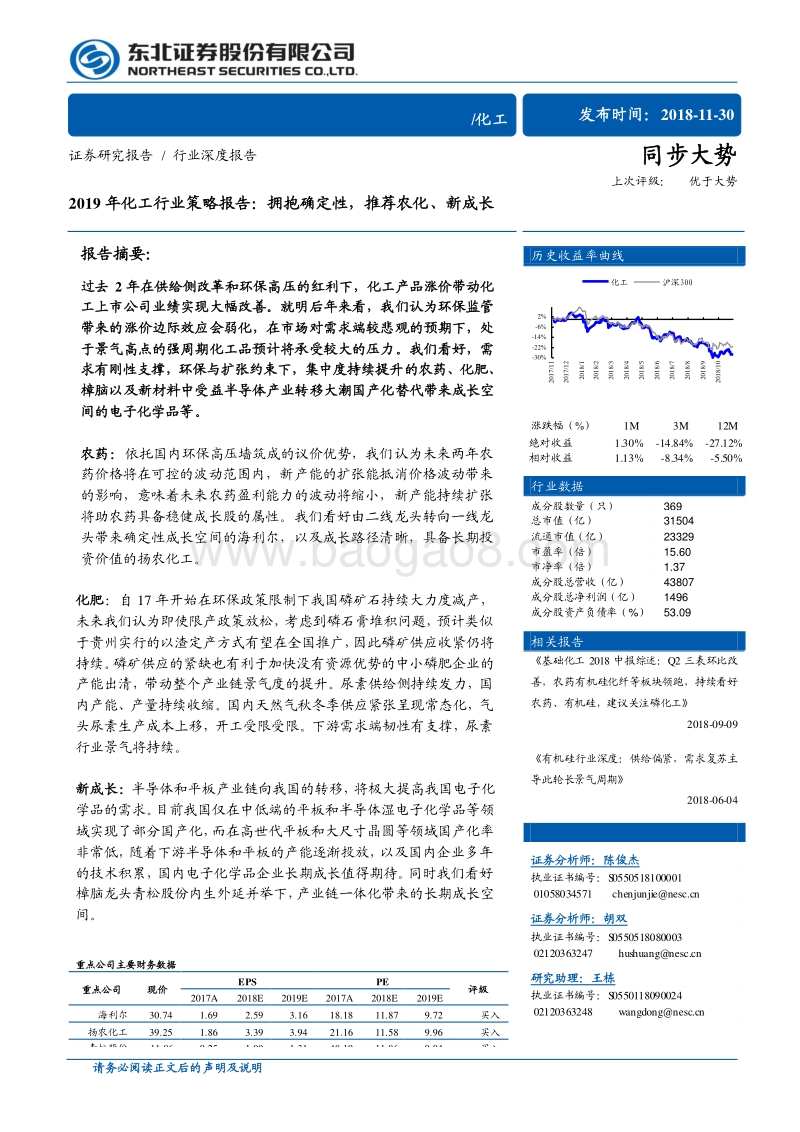 2019年化工行业策略报告：拥抱确定性，推荐农化、新成长.pdf_第1页