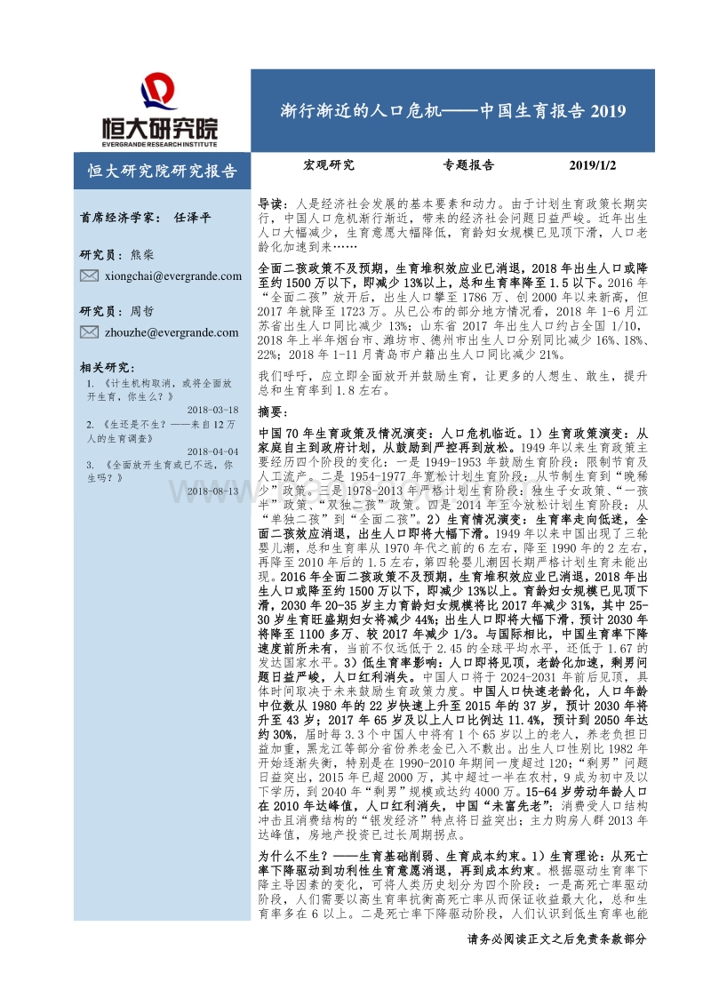 中国生育报告2019：渐行渐近的人口危机.pdf_第1页