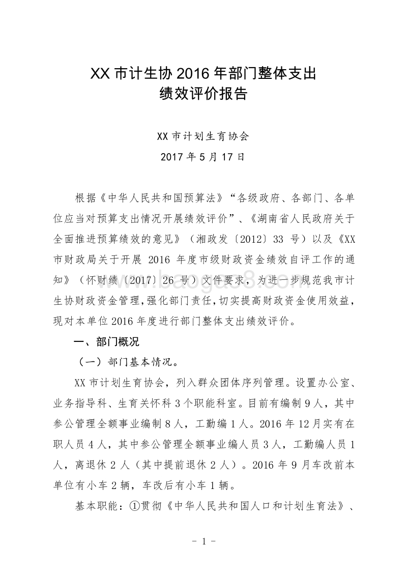 XX市计生协2016年部门整体支出绩效评价报告.doc_第1页