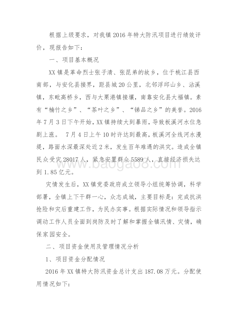 XX镇2016年“特大防汛项目”支出绩效评价报告.doc_第2页