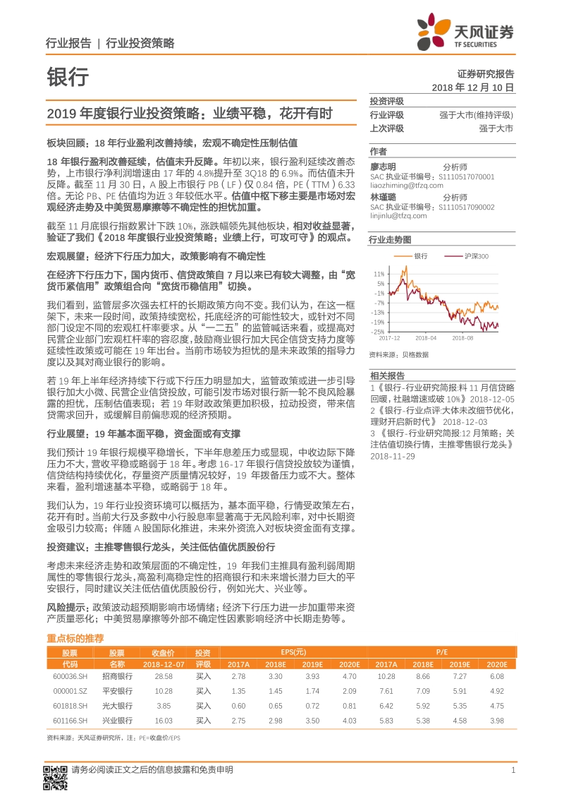 2019年度银行业投资策略：业绩平稳，花开有时.pdf_第1页